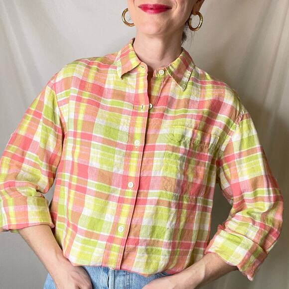 Vintage linen button-down shirt long sleeve plaid blouse watermelon pink green M - Picture 17 of 17